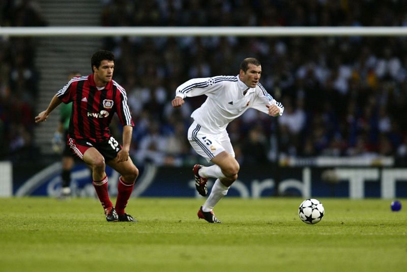 Zinedine Zidane of Real Madrid and Michael Ballack of Bayer Leverkusen